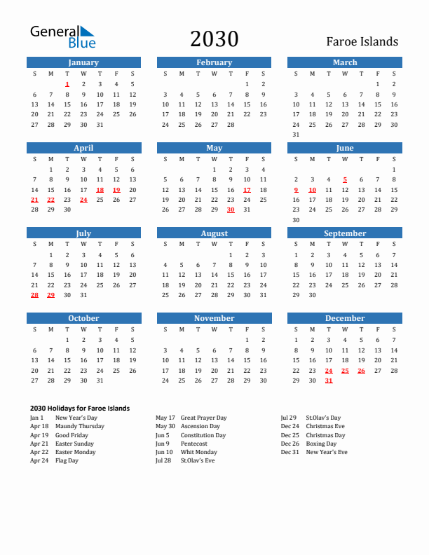 Faroe Islands 2030 Calendar with Holidays