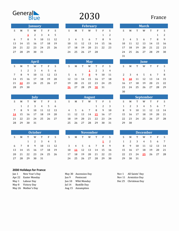 France 2030 Calendar with Holidays
