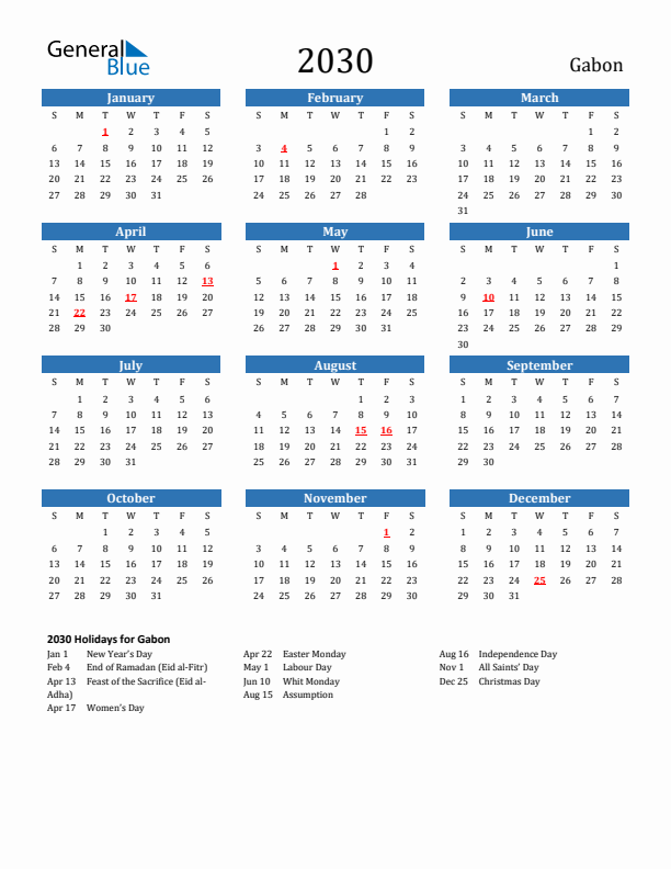 Gabon 2030 Calendar with Holidays