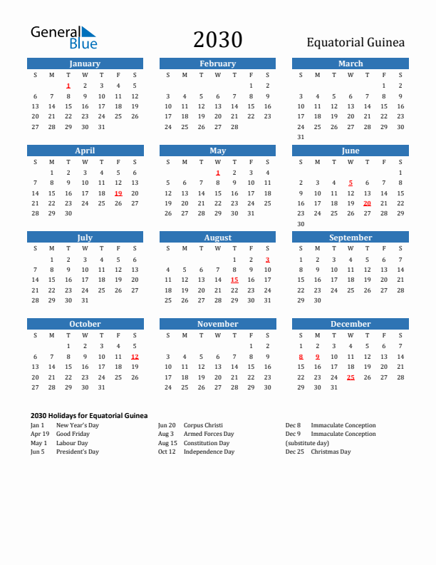 Equatorial Guinea 2030 Calendar with Holidays