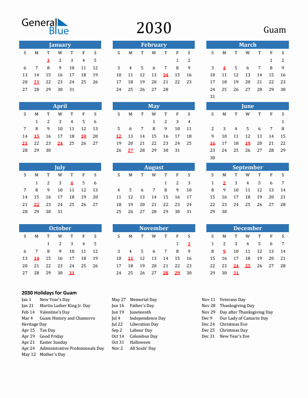 Guam 2030 Calendar with Holidays