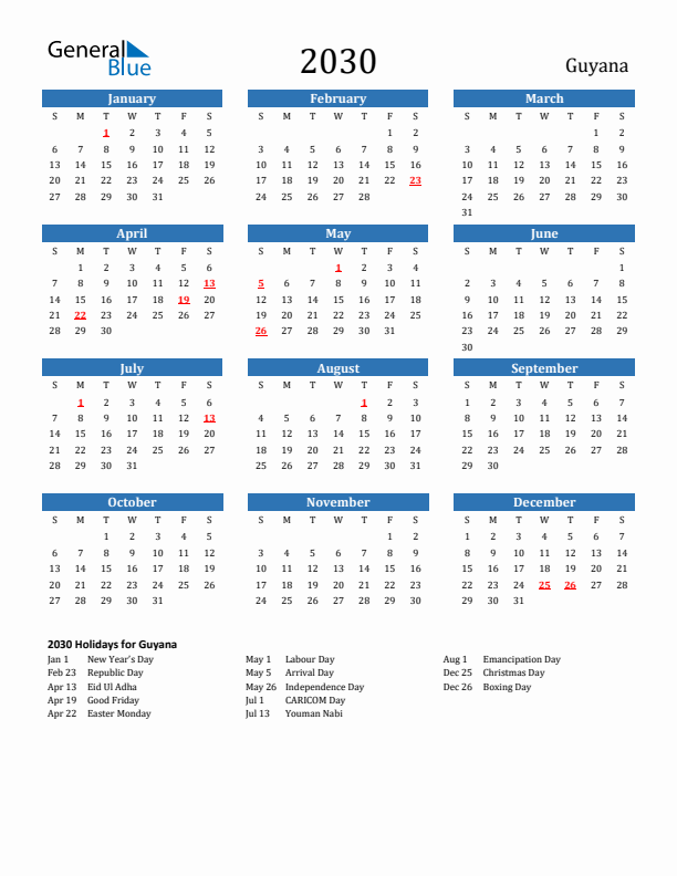 Guyana 2030 Calendar with Holidays