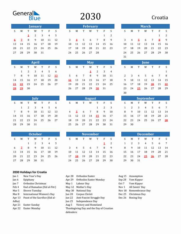 Croatia 2030 Calendar with Holidays