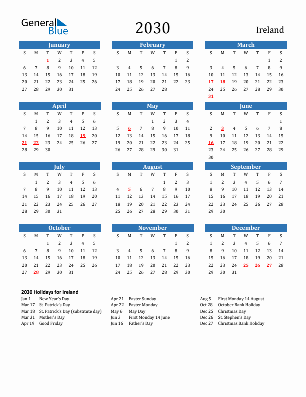 Ireland 2030 Calendar with Holidays