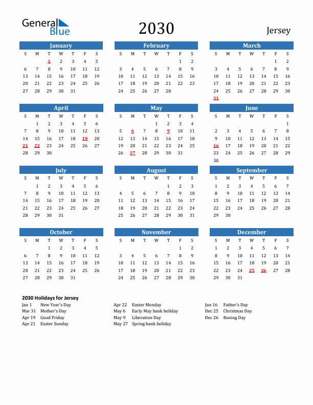 Jersey 2030 Calendar with Holidays