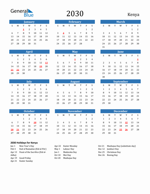 Kenya 2030 Calendar with Holidays