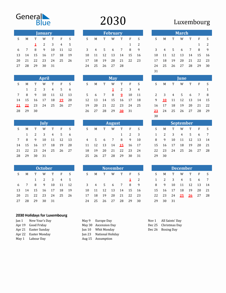 Calendar 2025 Luxembourg 