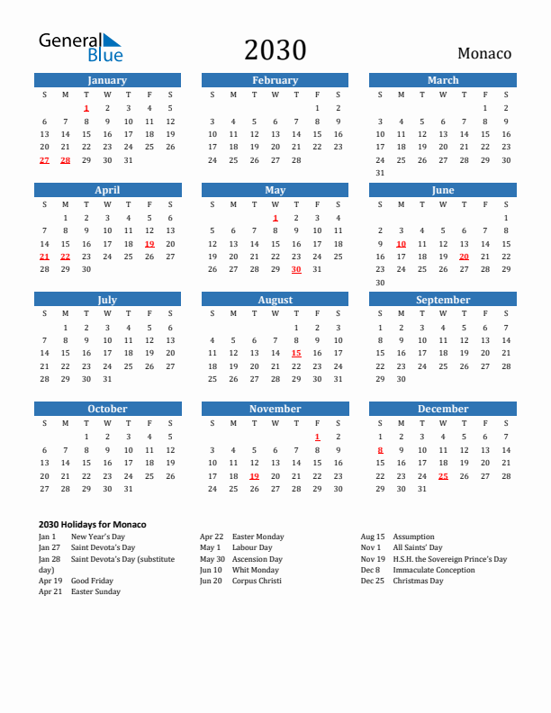 Monaco 2030 Calendar with Holidays