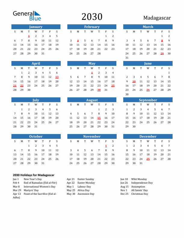 Madagascar 2030 Calendar with Holidays