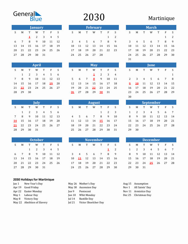 Martinique 2030 Calendar with Holidays