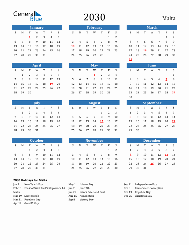 Malta 2030 Calendar with Holidays