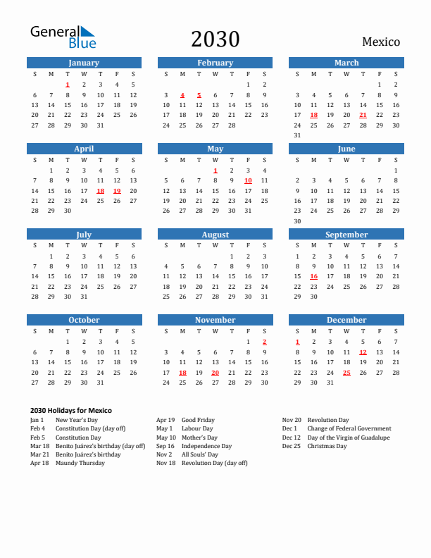 Mexico 2030 Calendar with Holidays