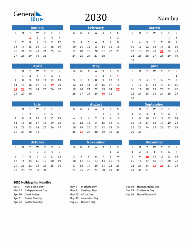 Namibia 2030 Calendar with Holidays