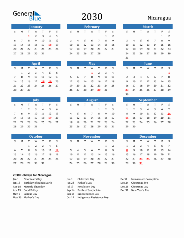 Nicaragua 2030 Calendar with Holidays