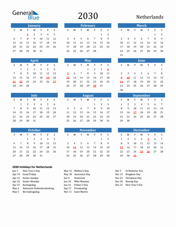 The Netherlands 2030 Calendar with Holidays