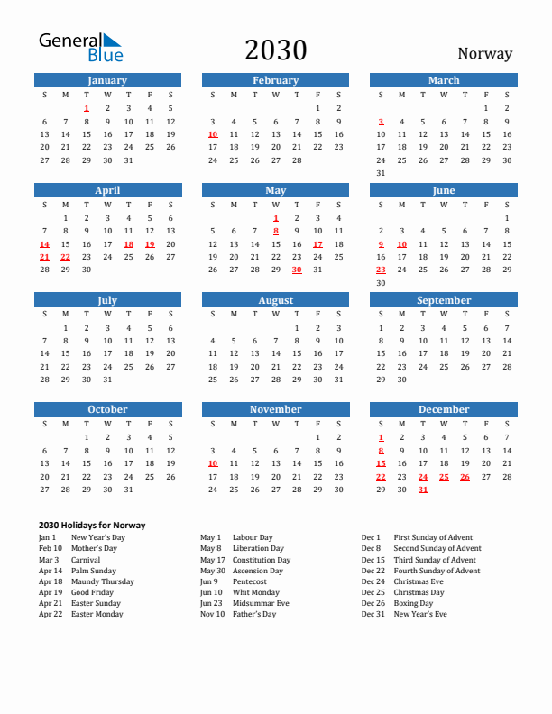 Norway 2030 Calendar with Holidays