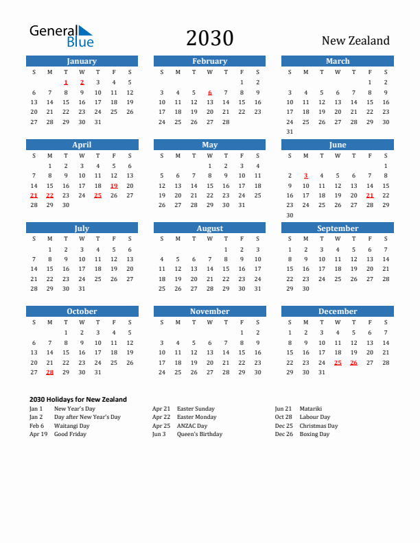 New Zealand 2030 Calendar with Holidays