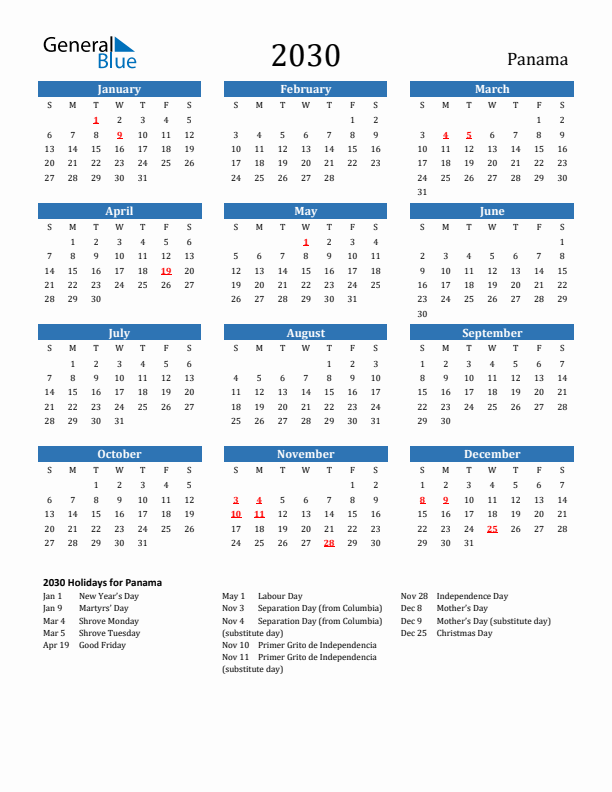Panama 2030 Calendar with Holidays