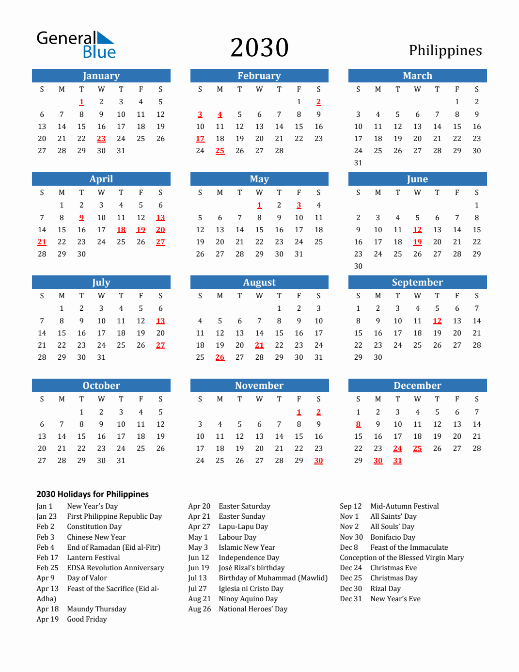 2030 Philippines Calendar with Holidays