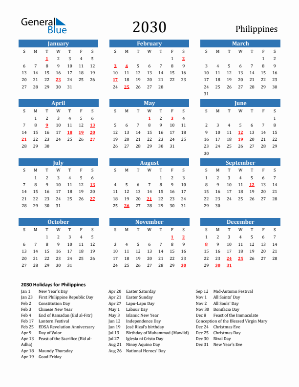 Philippines 2030 Calendar with Holidays