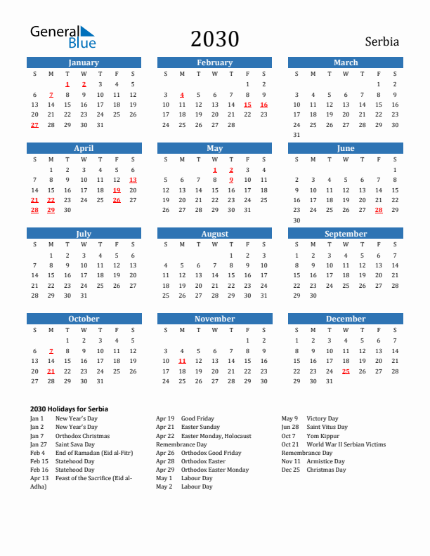 Serbia 2030 Calendar with Holidays