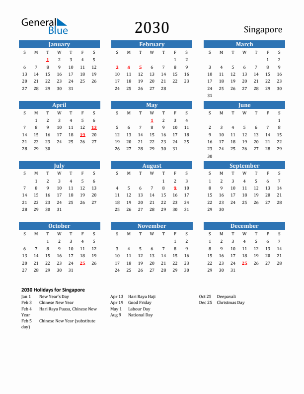 Singapore 2030 Calendar with Holidays