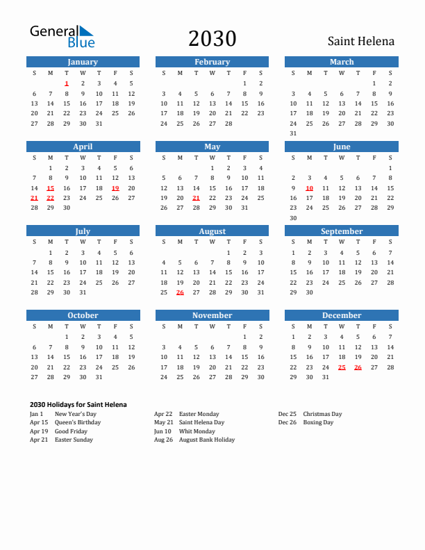 Saint Helena 2030 Calendar with Holidays