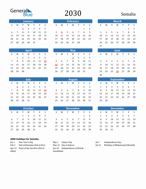Somalia 2030 Calendar with Holidays