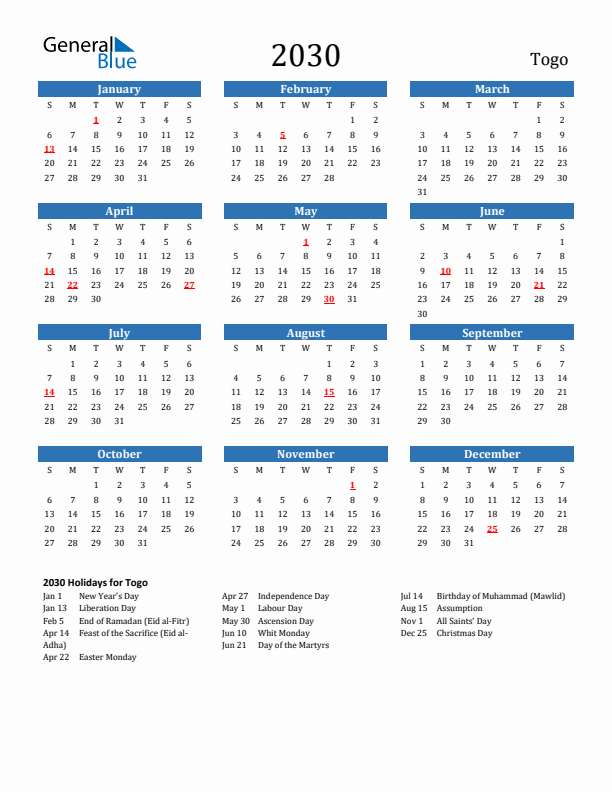 Togo 2030 Calendar with Holidays