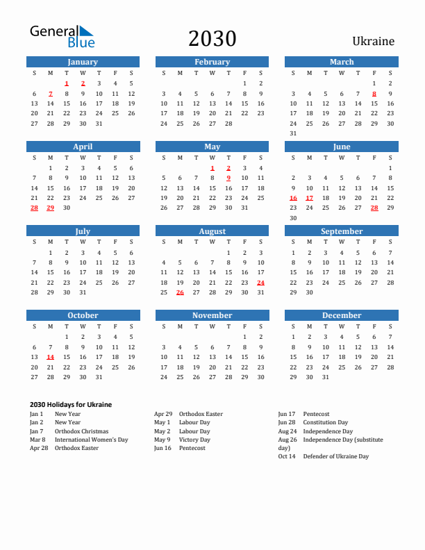 Ukraine 2030 Calendar with Holidays