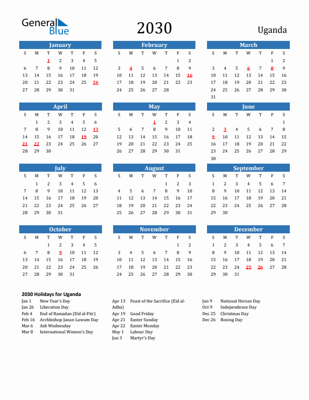 Uganda 2030 Calendar with Holidays