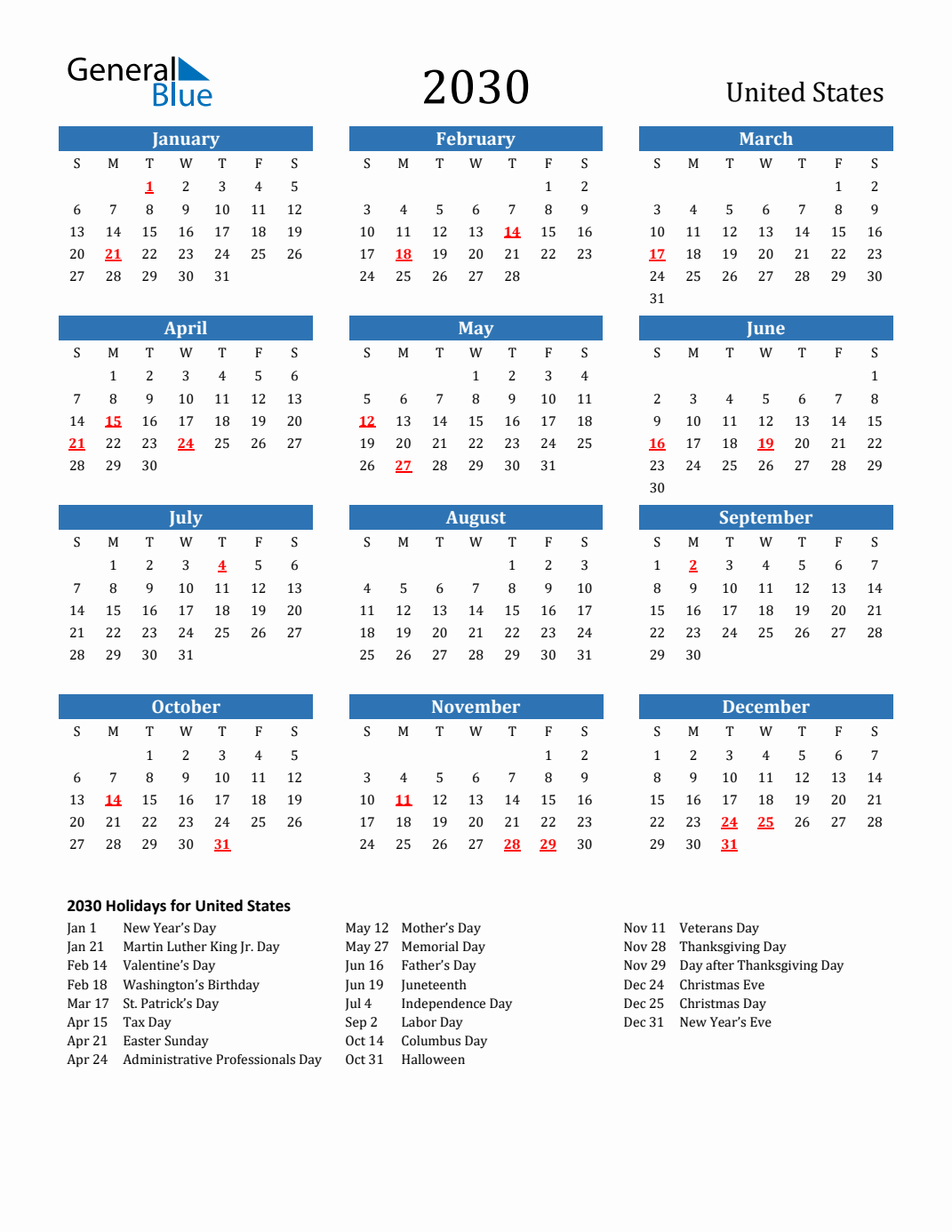 2030 United States Calendar with Holidays