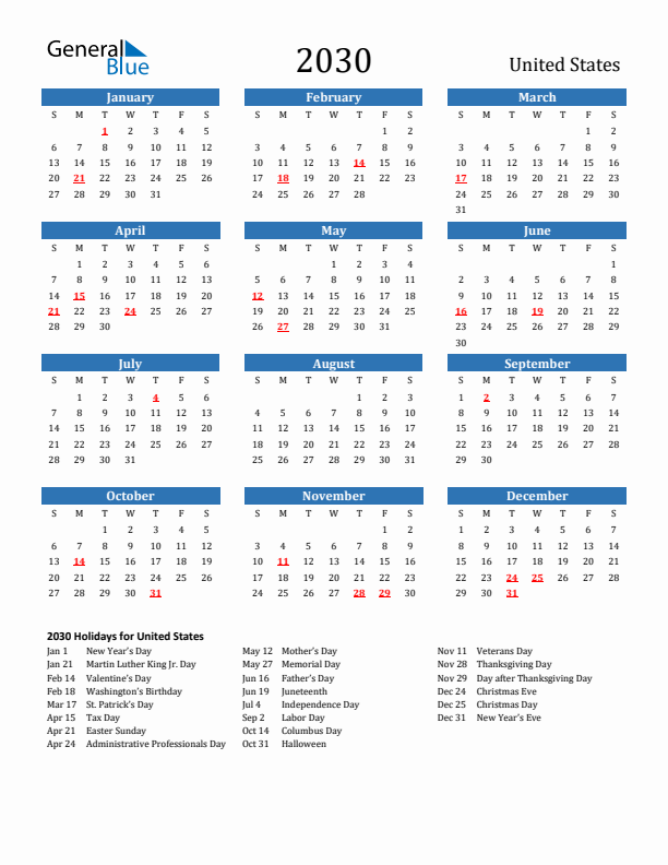 United States 2030 Calendar with Holidays