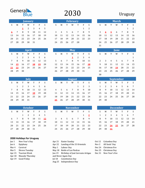 Uruguay 2030 Calendar with Holidays