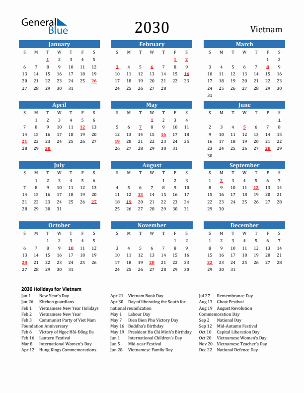 Vietnam 2030 Calendar with Holidays