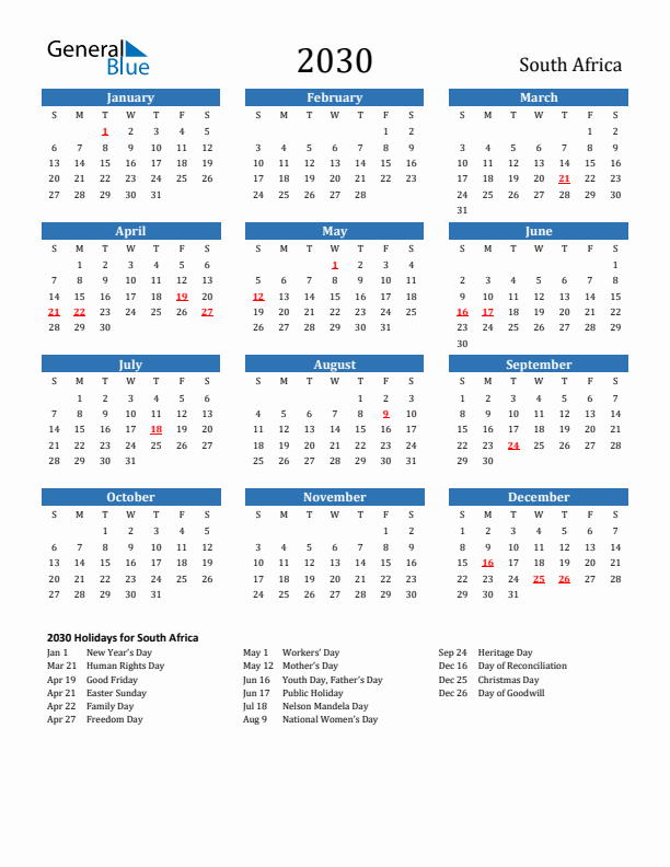 South Africa 2030 Calendar with Holidays