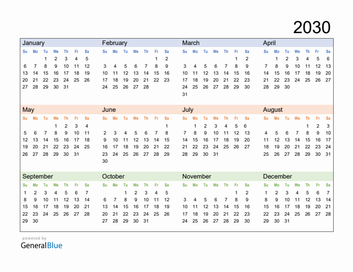 Free Downloadable 2030 Yearly Calendar Template 