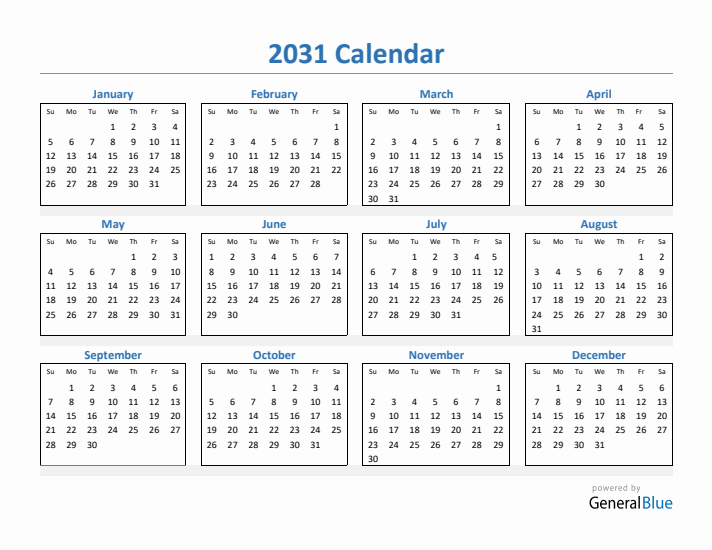 Free 2031 Calendars in PDF, Word, Excel
