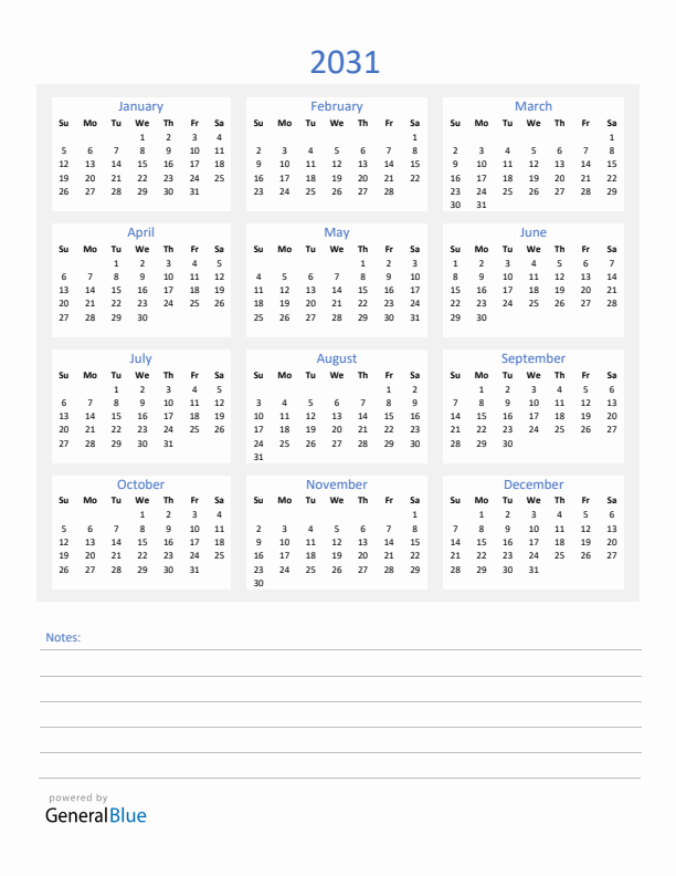 2031 Yearly Calendar Template with Notes Section (PDF Excel Word)