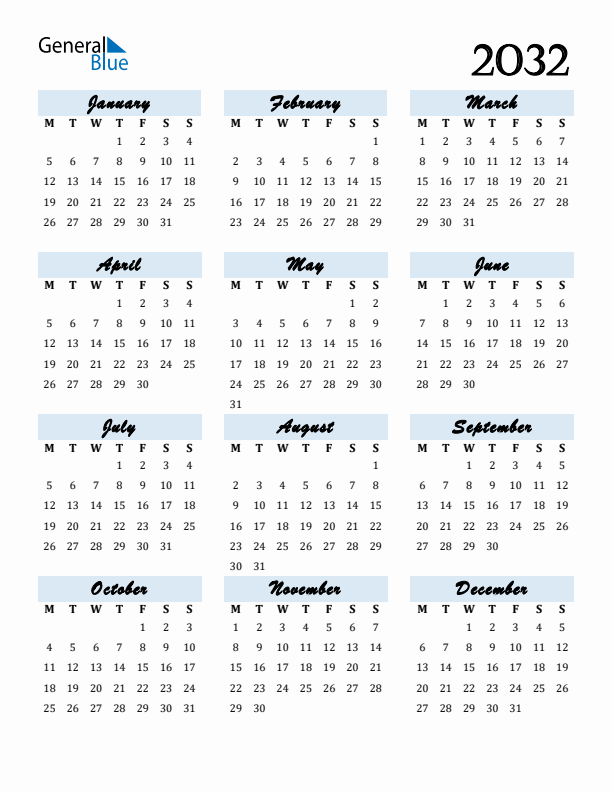 Calendar 2032 Free Download and Print