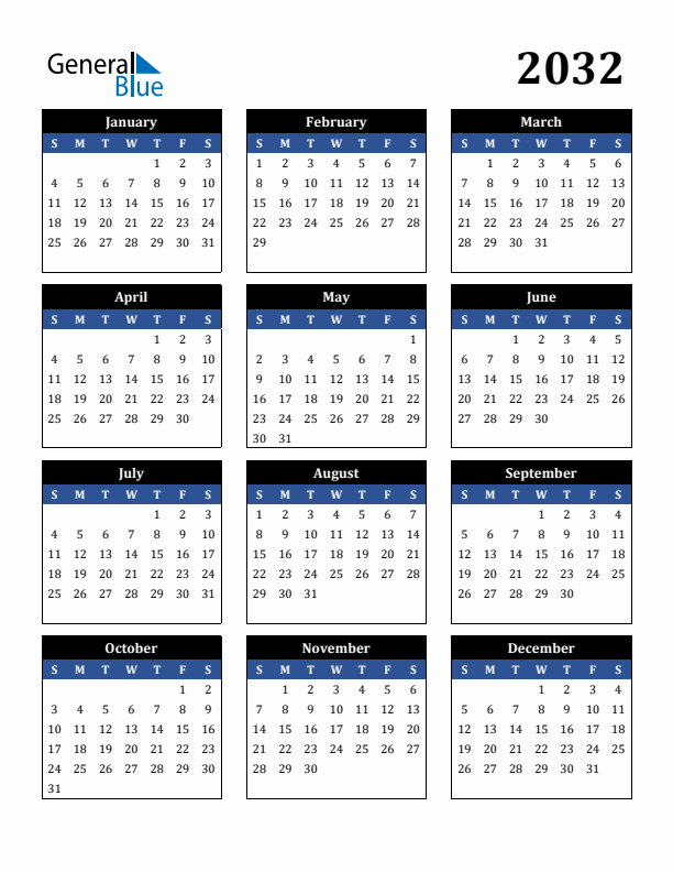 Editable Calendar 2032 - Sunday Start