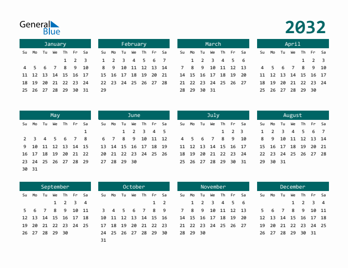 Downloadable 2032 Calendar