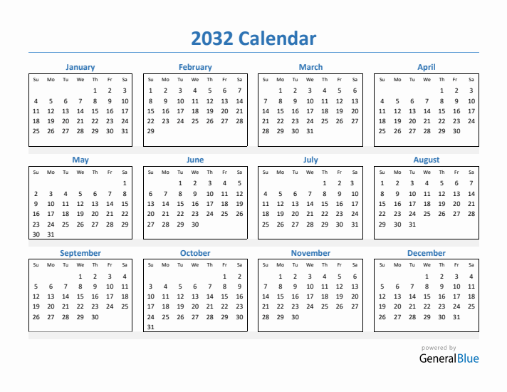 2032 Simple Yearly Calendar (PDF Excel Word)