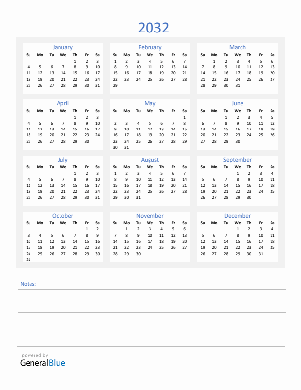 2032 Yearly Calendar Template with Notes Section (PDF Excel Word)