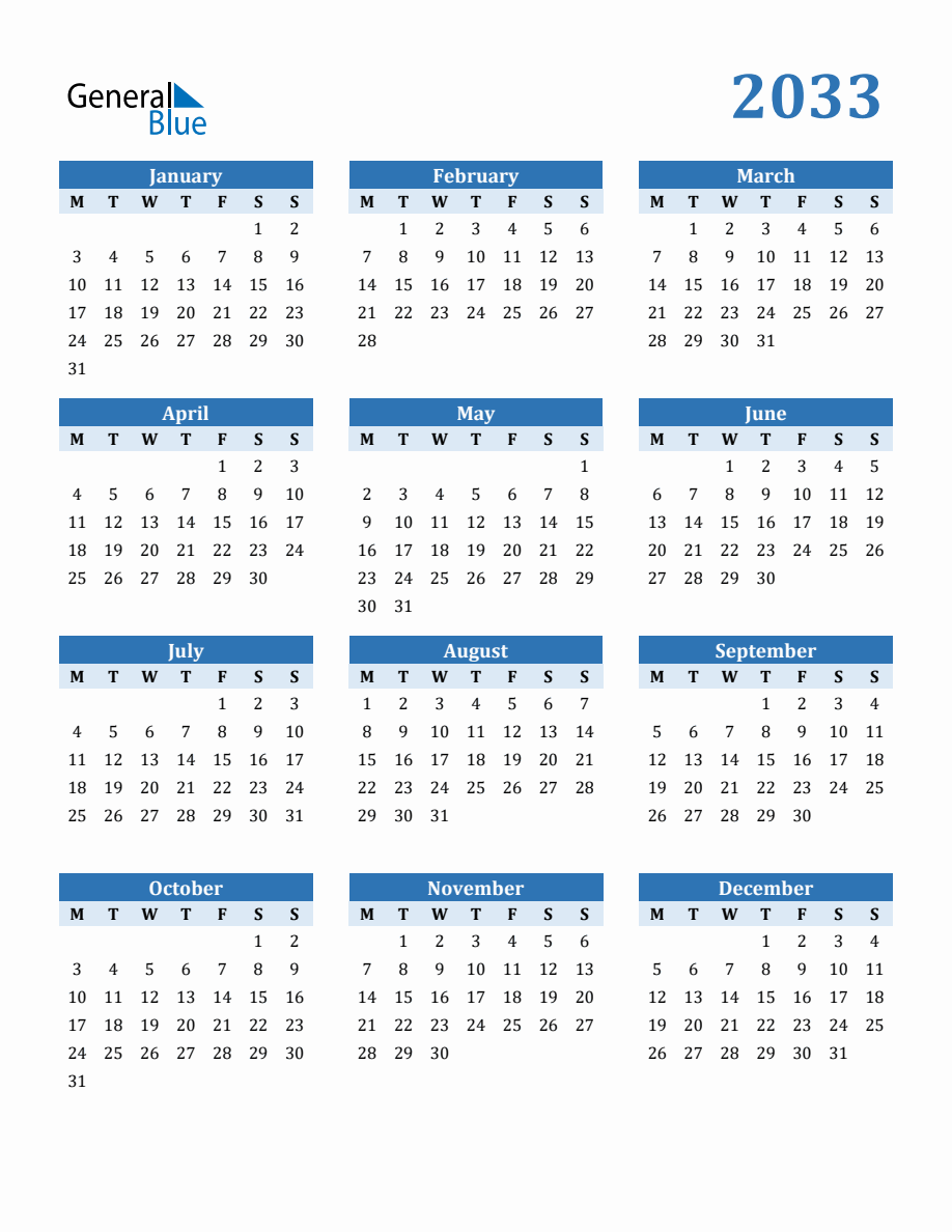 Free 2033 Year Calendar in PDF, Word, and Excel