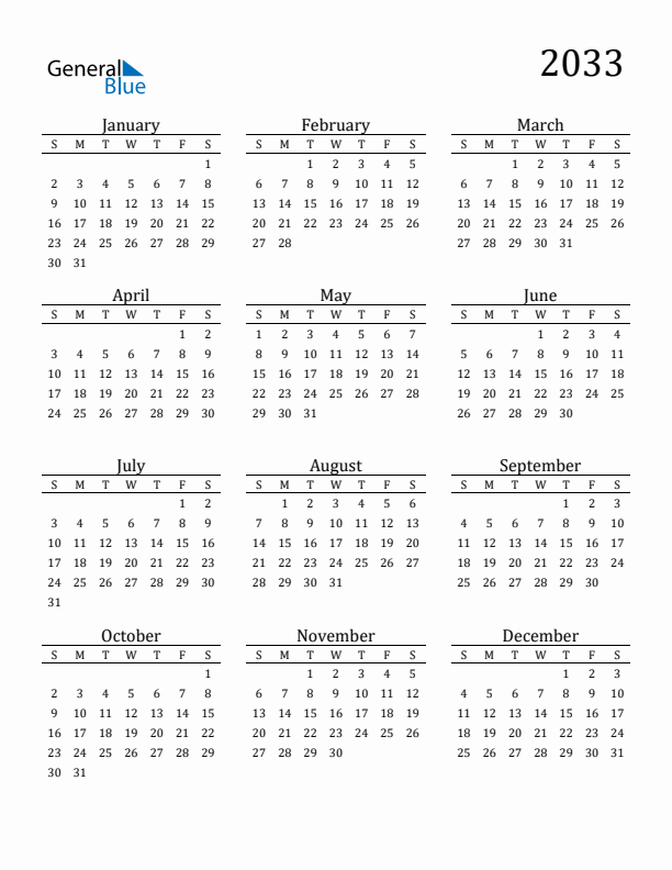 Free Printable Calendar 2033 with Sunday Start