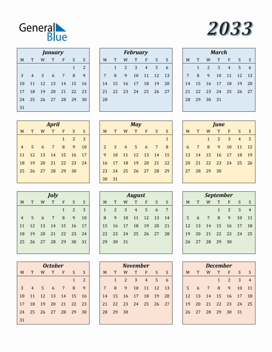 Calendar for Year 2033