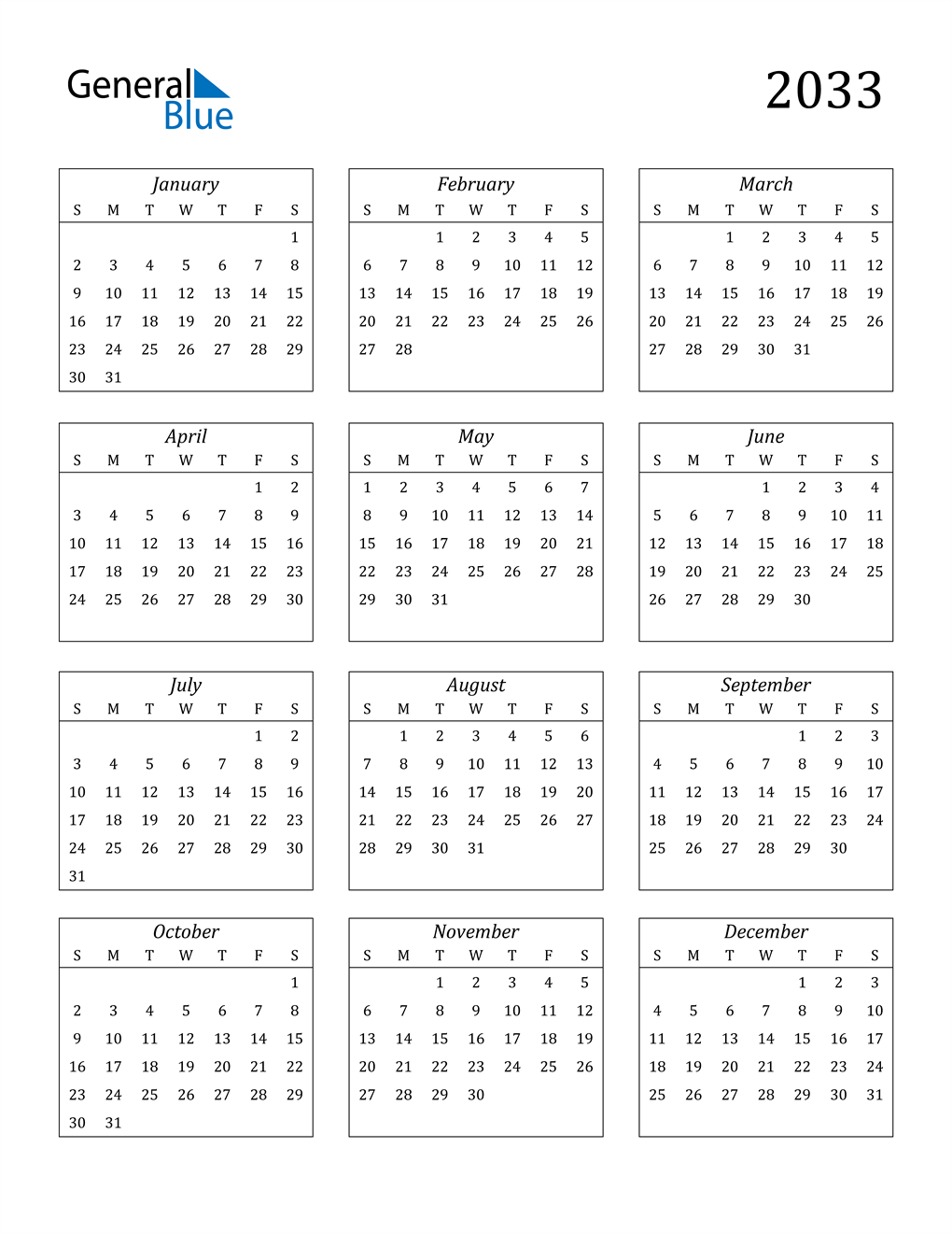 2033 Calendar PDF Word Excel 