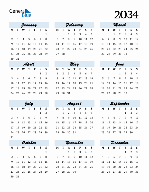 2034 Yearly Calendar Templates With Monday Start