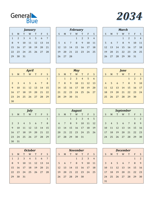 2034 Calendar (PDF, Word, Excel)